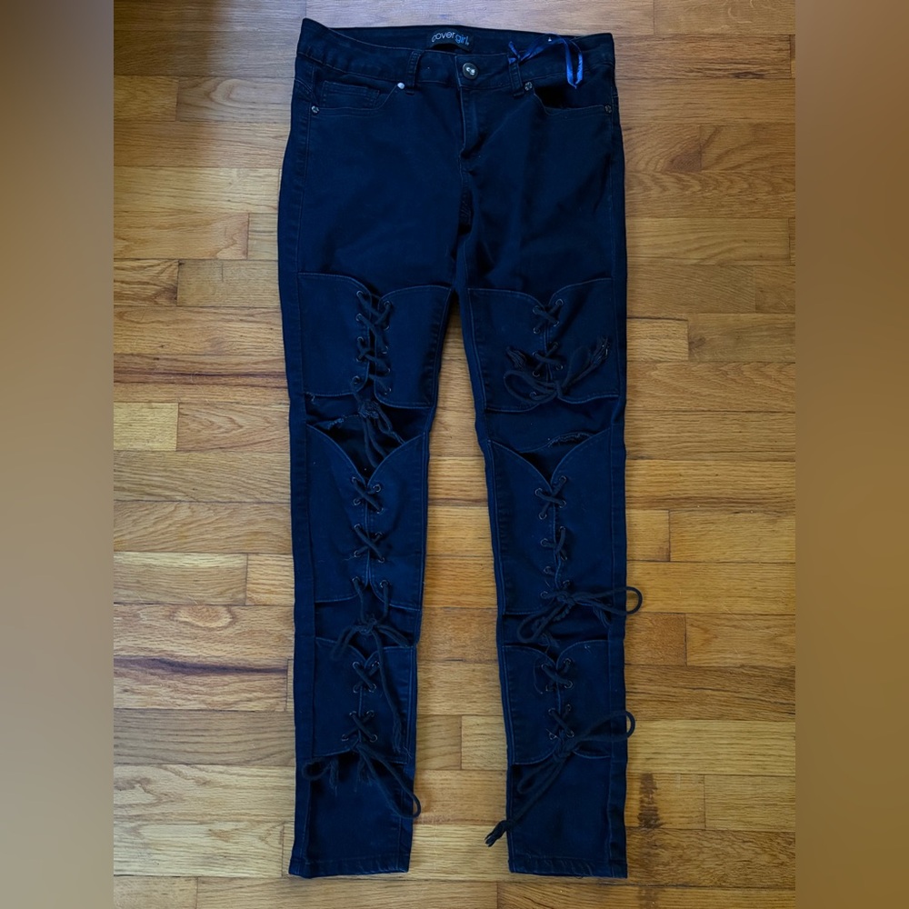 COVERGIRL Black Denim Jeans corset laced legs 9/10